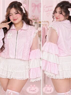 AKIRA 1X Pink Ruffle Bow Lace Sheer Sleeve Zip Jacket Coquette Fairycore Y2K